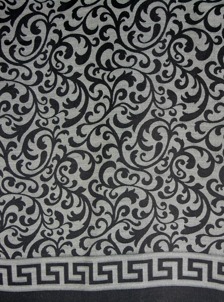 Close up Grey and black reversible  oblong hijab, scarf, with scroll pattern