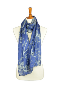 100% Silk Blue Hijab with Asian Themed Cherry Blossoms