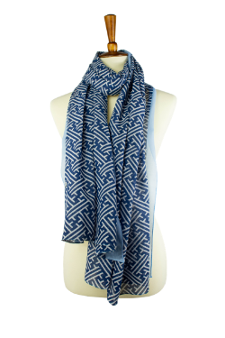 100% cotton lawn blue and white geometric print oblong hijab, scarf, with light blue border