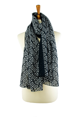 100% cotton lawn black and white geometric print oblong hijab, scarf, with black border