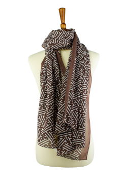 100% cotton lawn brown and white geometric print oblong hijab, scarf, with brown border