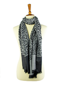 Grey and black reversible  oblong hijab, scarf, with scroll pattern